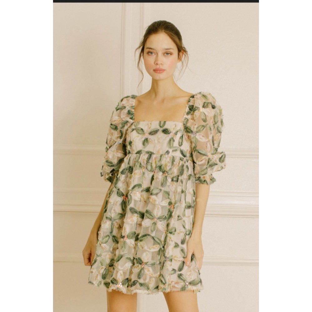 STORIA Net Floral Applique Sequin Ethereal Whimsical Fairy Babydoll Dress Sz L